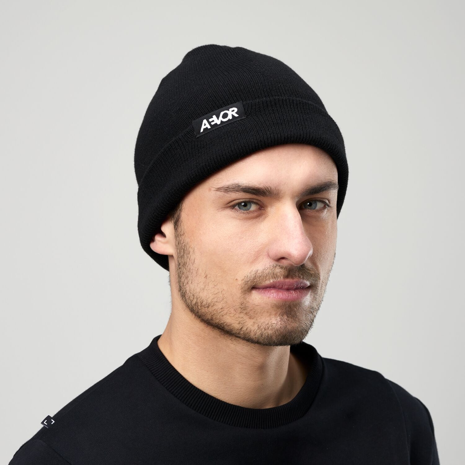 AEVOR-Recycled-Beanie-Black-model-front