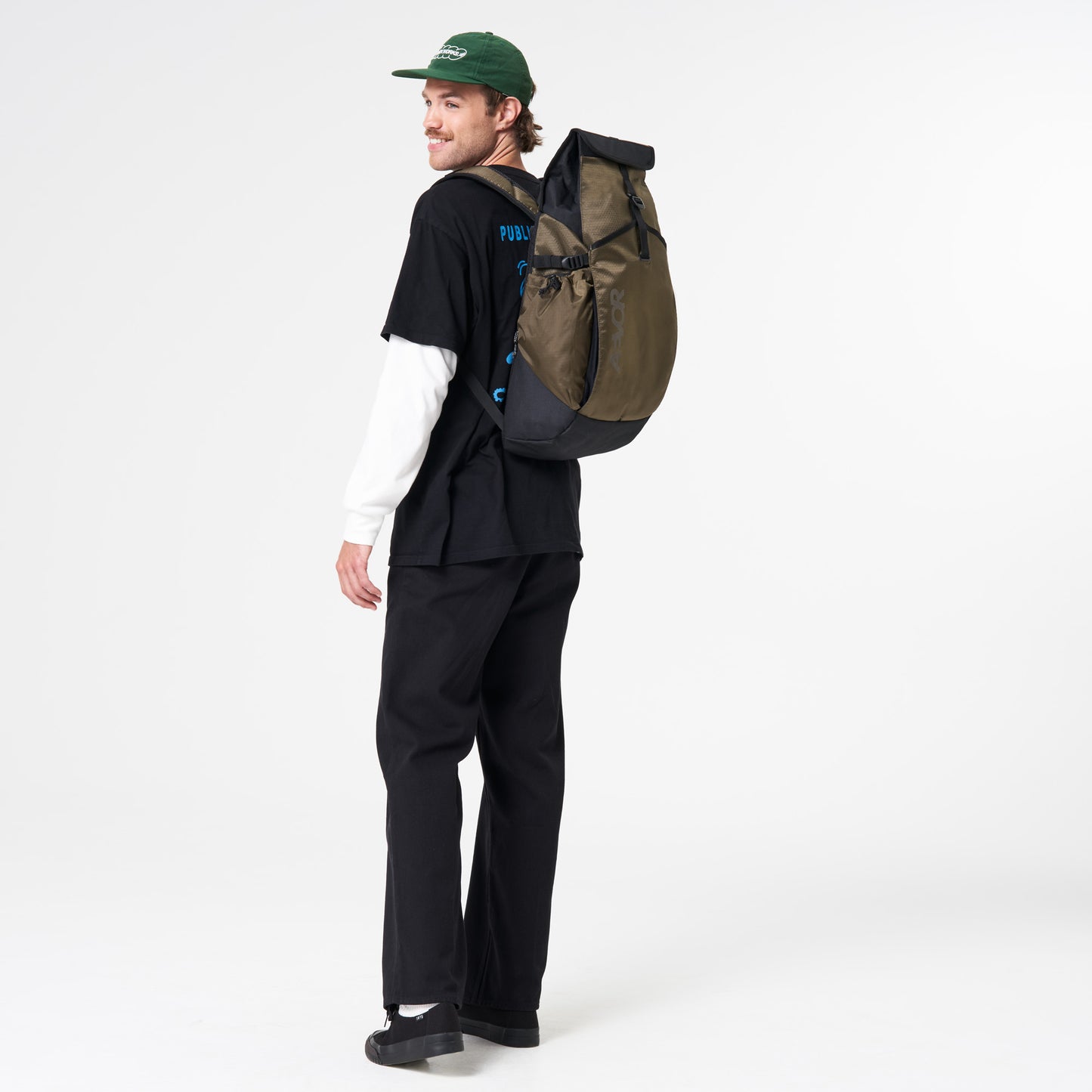 AEVOR-backpack-Rollpack-Proof-Olive-Gold-model-side
