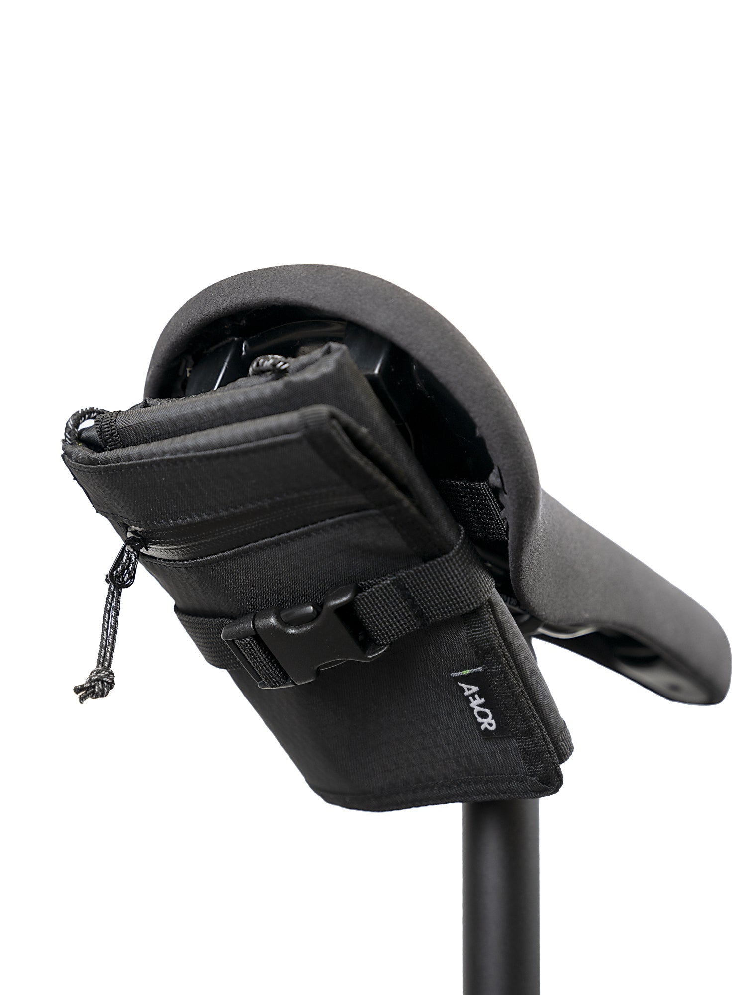 AEVOR-Bike-Saddle-Bag-Proof-Black-front-details